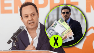 Politician speaks at a podium; an inset shows a man with euro banknotes and a neon green X, suggesting bribery or corruption.