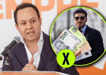 Politician speaks at a podium; an inset shows a man with euro banknotes and a neon green X, suggesting bribery or corruption.
