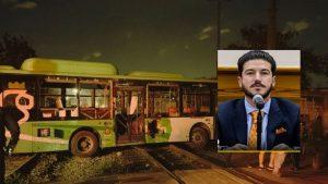 Nighttime scene of a green bus on railroad tracks with doors open, overlaid by a portrait of a man in a suit speaking at a microphone.