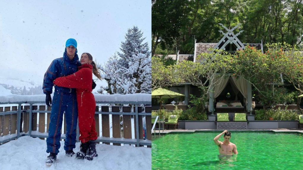 Split image: left shows a couple in blue and red snowsuits embracing on a snow-covered balcony; right shows a shirtless man in a bright green pool at a resort with a cabana and greenery.