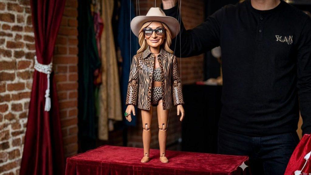 Leopard-print marionette wearing a wide-brim hat and sunglasses, suspended by strings over a red velvet table.