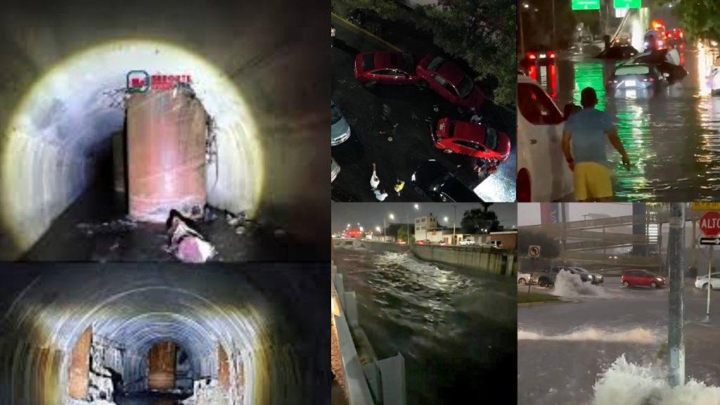 Collage of urban flood scenes: water-logged tunnels, submerged vehicles, and flooded streets.