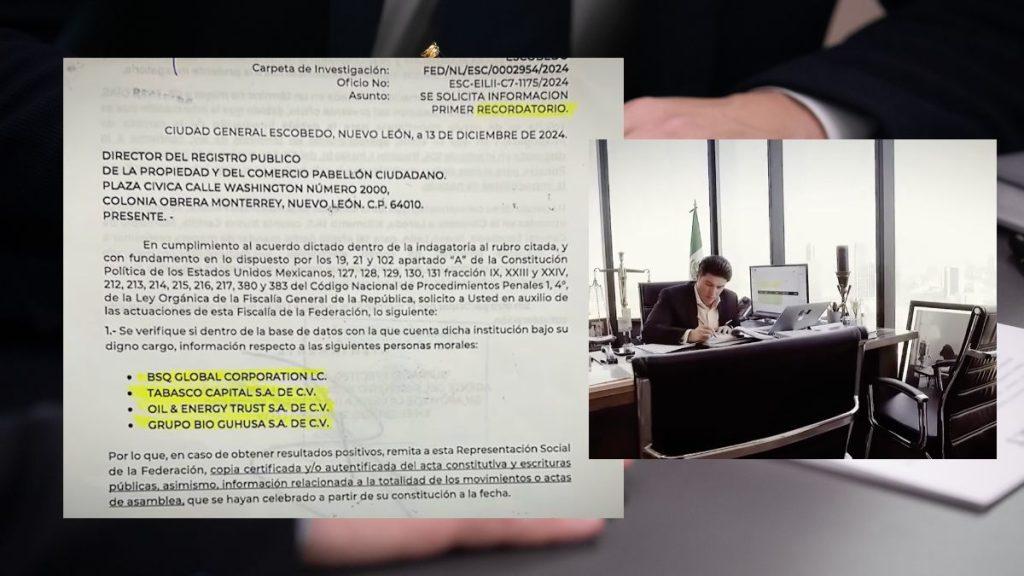 Page of a formal investigation document with highlighted text, overlaid by a photo of a man in a suit at a desk in an office setting. A legal document page with highlighted company names, next to a man working at a conference-room desk. Formal document with yellow-highlighted sections, accompanied by an office scene of a man at a desk. Investigation file page with highlighted lines, blurred background shows a professional in an office. Letter or report page with highlighted items, paired with an image of a man in an executive office at a desk.