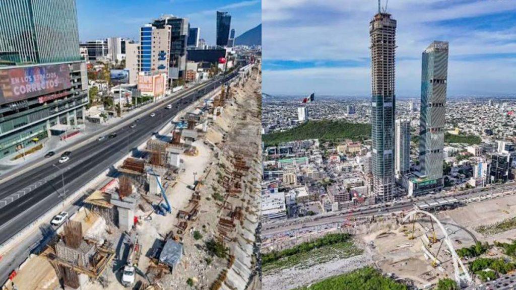 Split image: a construction site along a multi-lane highway on the left, with cranes and rebar, and a city skyline with tall skyscrapers on the right