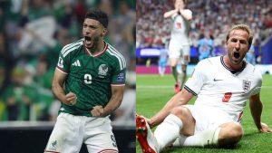 Split image of two soccer players celebrating a goal: left, a Mexico player in green with number 9; right, an England player in white with number 9 on the field.