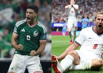 Split image of two soccer players celebrating a goal: left, a Mexico player in green with number 9; right, an England player in white with number 9 on the field.