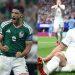mundial 2026 - Minuto Cero Split image of two soccer players celebrating a goal: left, a Mexico player in green with number 9; right, an England player in white with number 9 on the field.