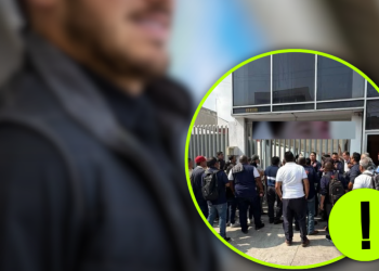 Crowd of people gathered at a gated building entrance, with a neon-green circular highlight and a warning exclamation mark overlay indicating alert or caution.