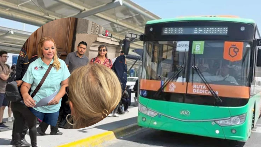 consecuencias-por-falta-de-pago-a-choferes-del-mundial - Minuto Cero Green and orange transit bus at a stop; inset shows a staffwoman in a light blue shirt handing papers to a passerby.