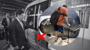 Man in a suit on a subway platform checks his phone as a train doors open; an inset circle shows a person with a backpack on an escalator, marked with a red X to indicate danger.