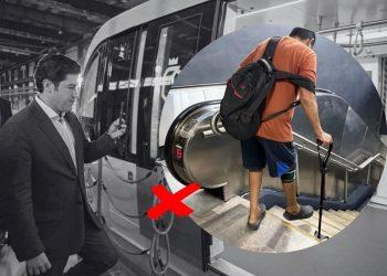 Man in a suit on a subway platform checks his phone as a train doors open; an inset circle shows a person with a backpack on an escalator, marked with a red X to indicate danger.