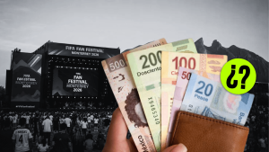 Hand holding a fan of Mexican pesos in front of the FIFA Fan Festival Monterrey 2026 stage, with a neon green circle and question mark badge.