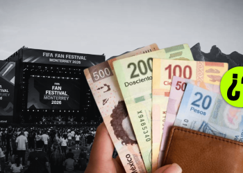 Hand holding a fan of Mexican pesos in front of the FIFA Fan Festival Monterrey 2026 stage, with a neon green circle and question mark badge.