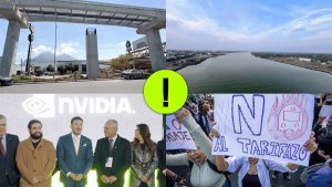graves contradicciones de Samuel señaladas en la portada: de izquierda a derecha se tiene el metro no concluido, el proyecto Monterrey VI, Nvidia en Nuevo León y las protestas por el Tarifazo.