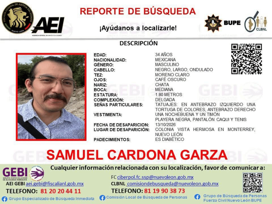 Samuel Cardona Garza desaparecido en Nuevo León - Minuto Cero